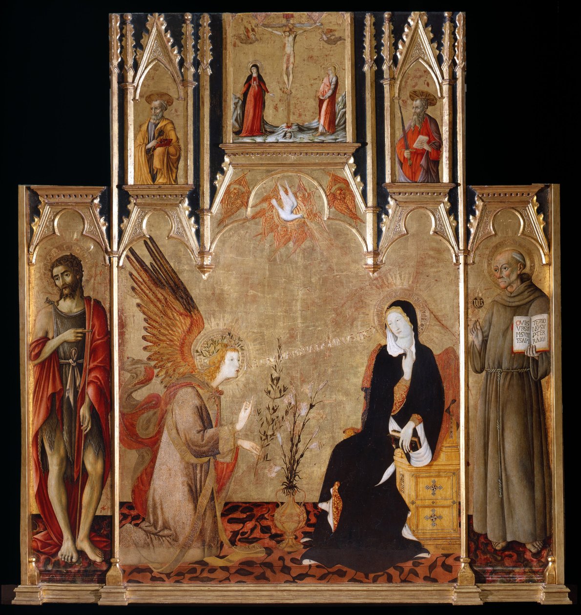 Ilmoitus pyhien Johannes Kastajan ja Bernardino da Sienan kanssa. Ristiinnaulitseminen. Pyhät Pietari ja Paavali vuosina 1455–1464 tekijältä Matteo di Giovanni
