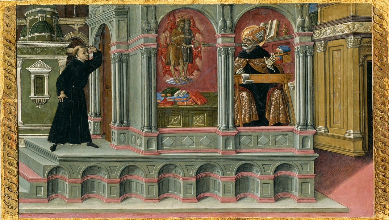 Pyhän Augustinuksen näkemys pyhistä Hieronymuksesta ja Johannes Kastajasta. tekijältä Matteo di Giovanni