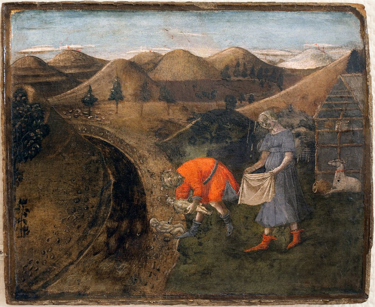 Legenda Romuluksesta ja Remuksesta: Legenda Romuluksesta ja Remuksesta. Matteo di Giovannin (1430-1495) maalaus, painettu puulle, 29,5 x 35 cm. Italialaista taidetta 1400-luvulla. Libournen taidemuseo. tekijältä Matteo di Giovanni di Bartolo