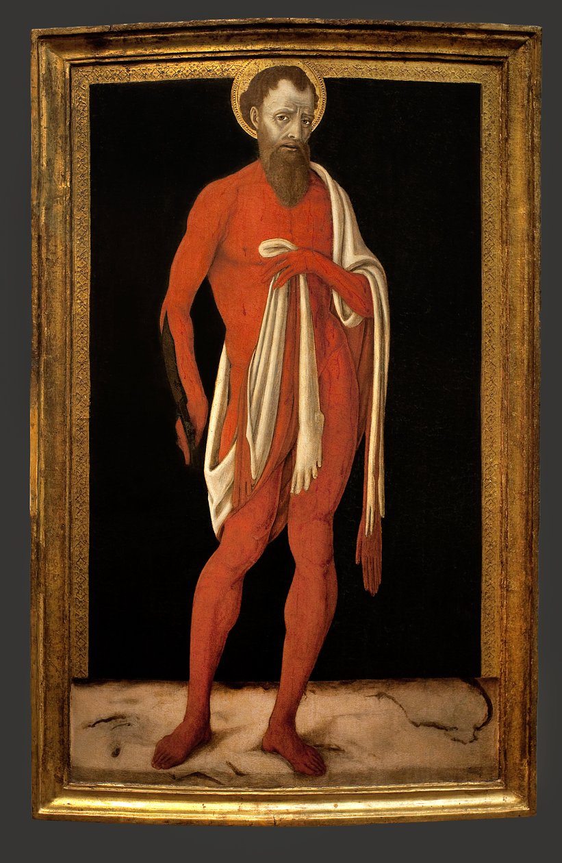 Saint Barthelemy, apostoli. Matteo di Giovannin (n. 1430-1495) maalaus, öljy puulle, italialainen taide tekijältä Matteo di Giovanni di Bartolo