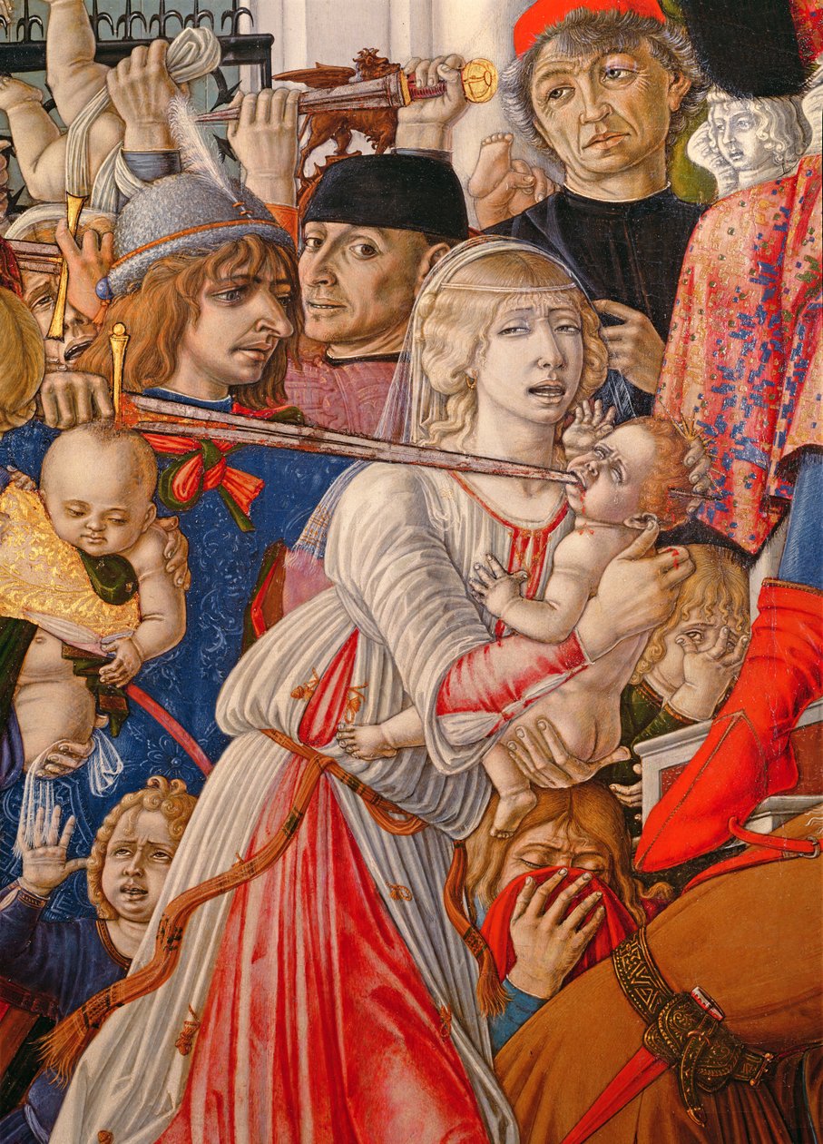 Viattomien joukkomurha, yksityiskohta, jossa sotilas lävistää vauvan miekallaan, 1482, tempera taululle, yksityiskohta kuvasta 106233. tekijältä Matteo di Giovanni di Bartolo