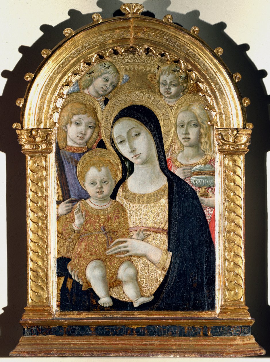 Neitsyt Jeesuksen lapsen kanssa, Pyhä Mikael, Pyhä Maria Magdaleena (maalaus puulle tekijältä Matteo di Giovanni di Bartolo