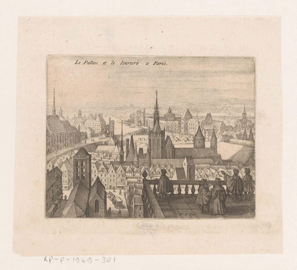 Kasvot Pariisissa Le Palais et le louvre a Paris (otsikko esineessä) Seitsemän ranskalaista maisemaa ja kaupunkimaisemaa (sarjan nimi) tekijältä Matthäus Merian (I)