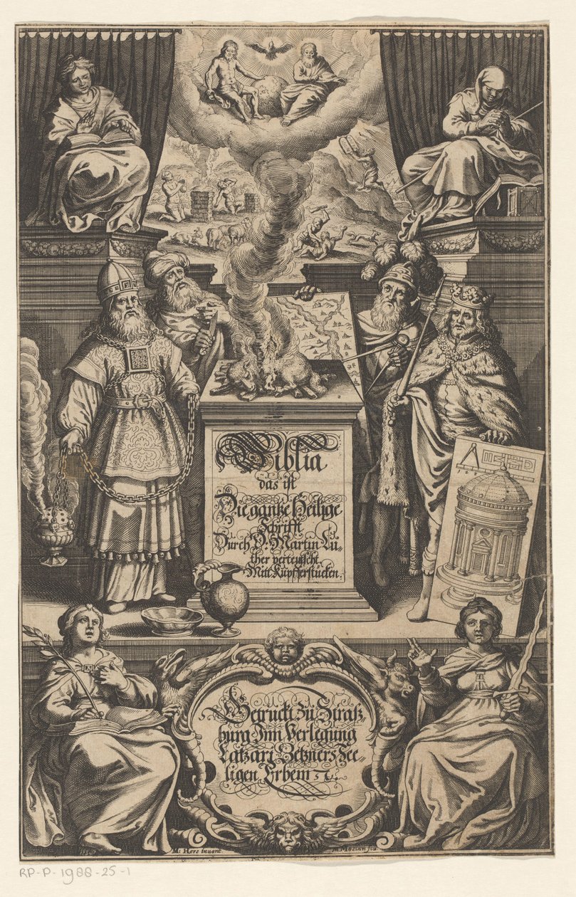 Tarjoa pakettiautoa neljälle miehelle Nimisivu: Martin Luther. Biblia, joka on koko Pyhä Raamattu, jonka on kääntänyt D. Martin Luther, s.a. tekijältä Matthäus Merian (I)