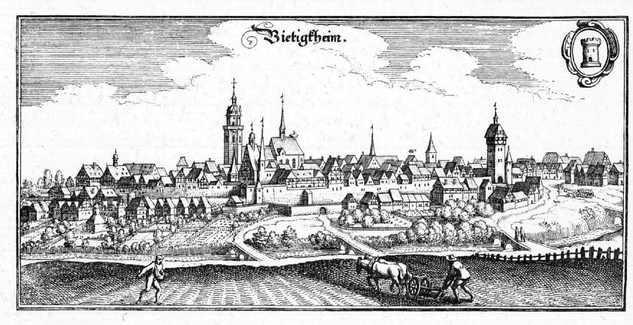 Bietigheim - ote Topographia Sueviae -teoksesta (Schwaben). tekijältä Matthaus Merian