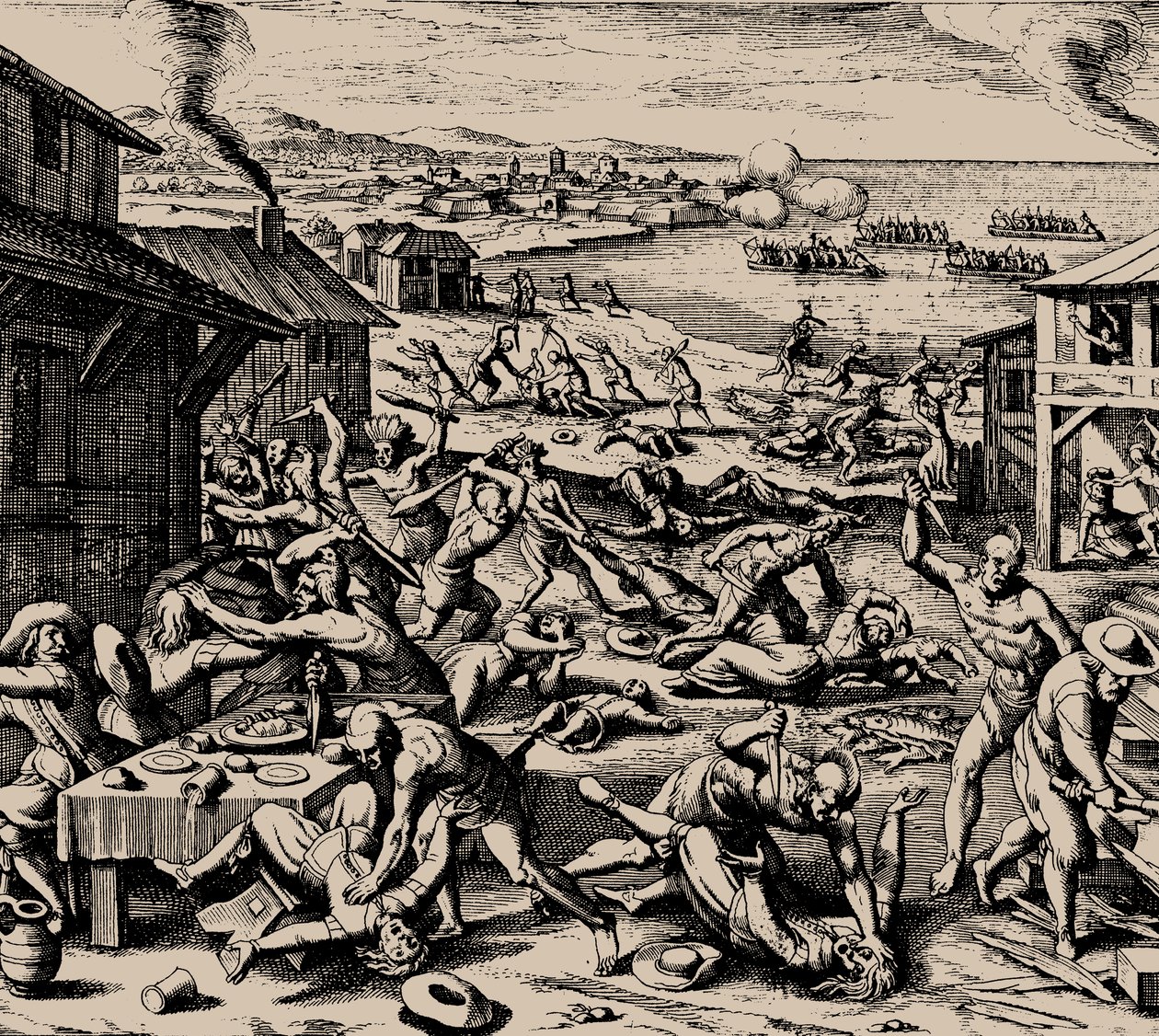 Powhatanin hyökkäys 22. maaliskuuta 1622, 1628. tekijältä Matthaus the Elder Merian