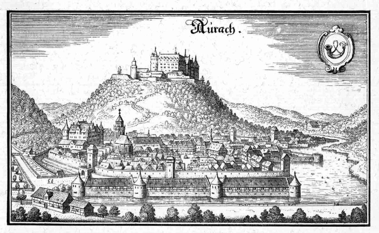 Aurach - ote teoksesta Topographia Sueviae (Schwaben) tekijältä Matthaus Merian