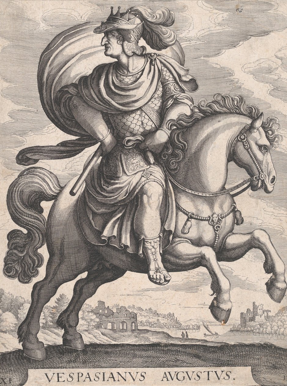 Keisari Vespasianus hevosen selässä, sarjasta Ensimmäiset kaksitoista roomalaista keisaria, levy 1..., 1610-50. tekijältä Matthaus Merian