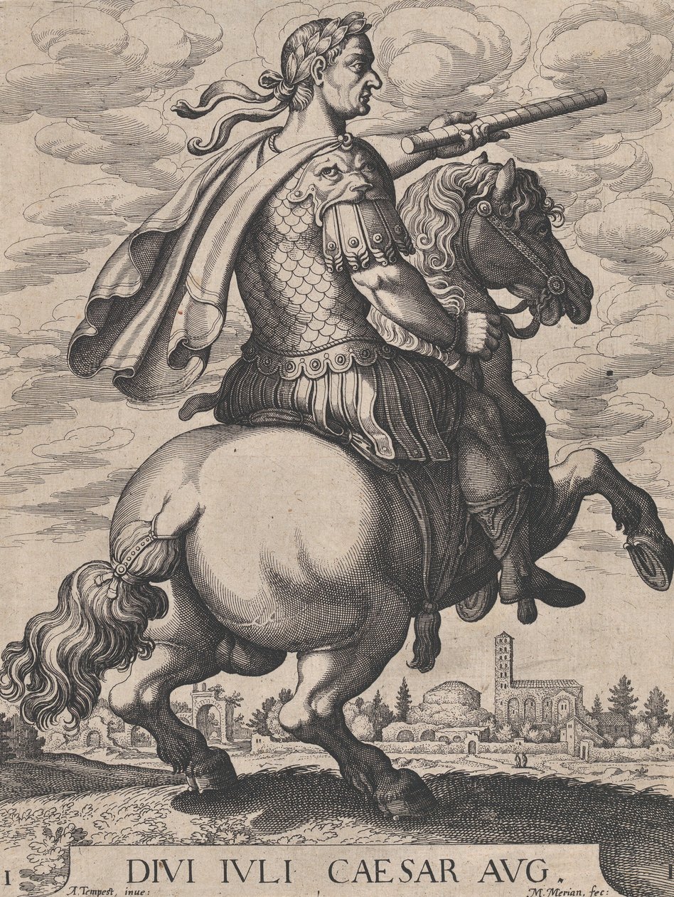 Levy 1: Keisari Julius Caesar hevosen selässä, teoksesta "Kaksitoista ensimmäistä roomalaista keisaria", af..., 1610-50. tekijältä Matthaus Merian