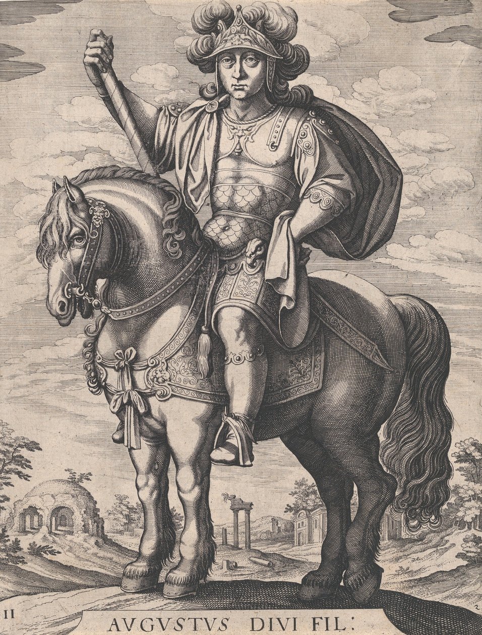 Levy 2: Keisari Augustus hevosen selässä, teoksesta "Kaksitoista ensimmäistä roomalaista keisaria", Te..., 1610-50. tekijältä Matthaus Merian