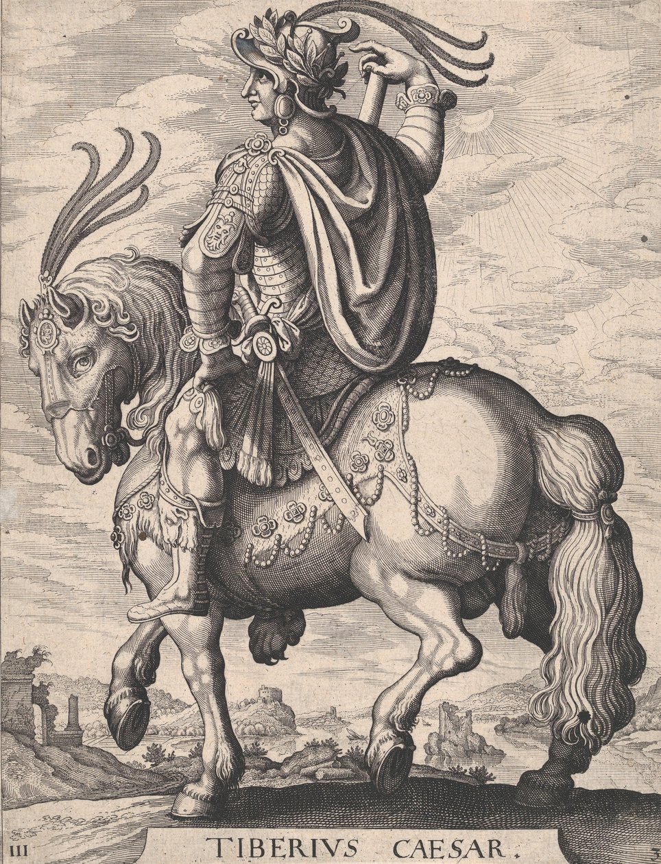 Levy 3: Keisari Tiberius hevosen selässä, teoksesta "Kaksitoista ensimmäistä roomalaista keisaria", The... jälkeen, 1610-50. tekijältä Matthaus Merian