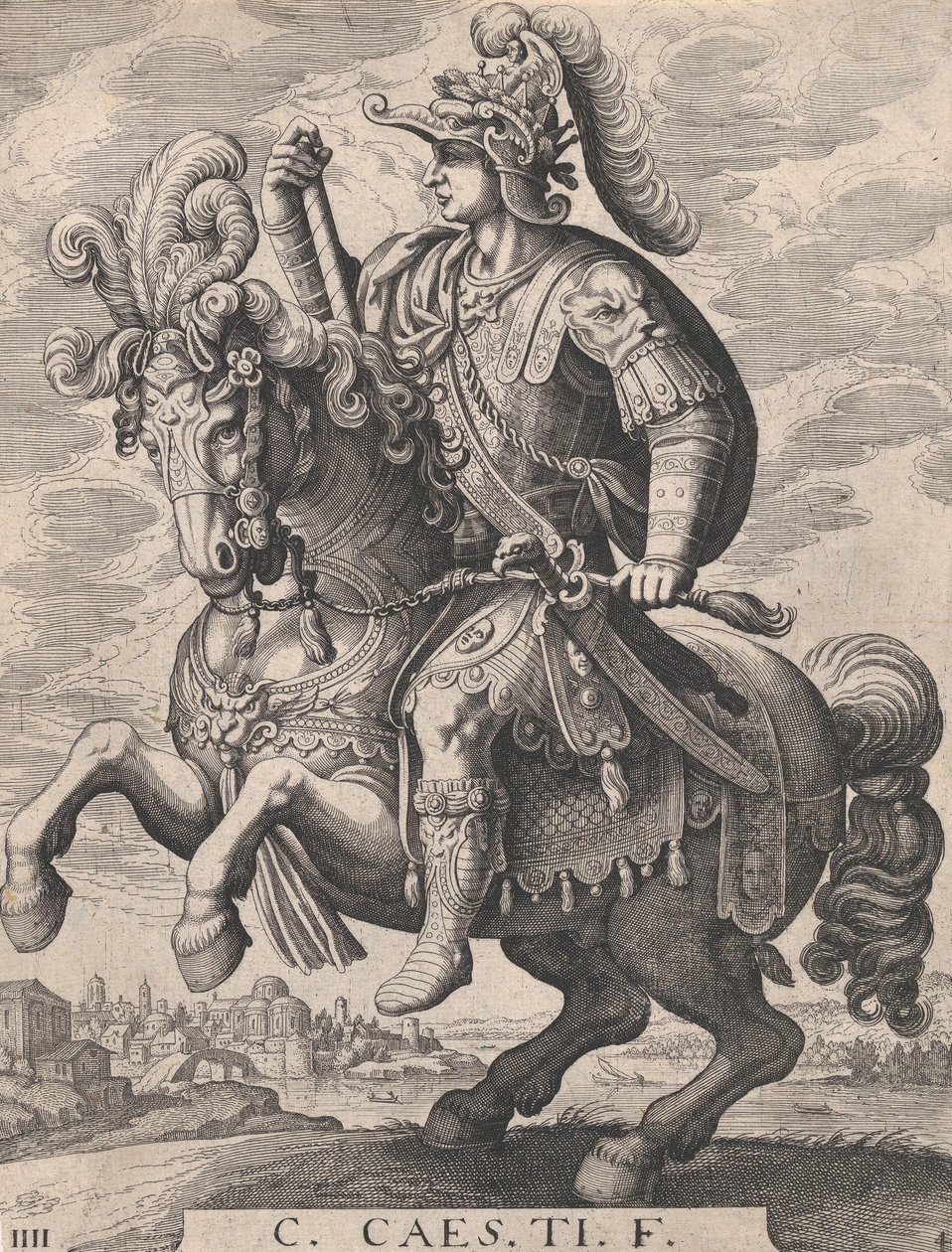 Levy 4: Keisari Gaius hevosen selässä, teoksesta "Ensimmäiset kaksitoista roomalaista keisaria", Tempen jälkeen..., 1610-50. tekijältä Matthaus Merian