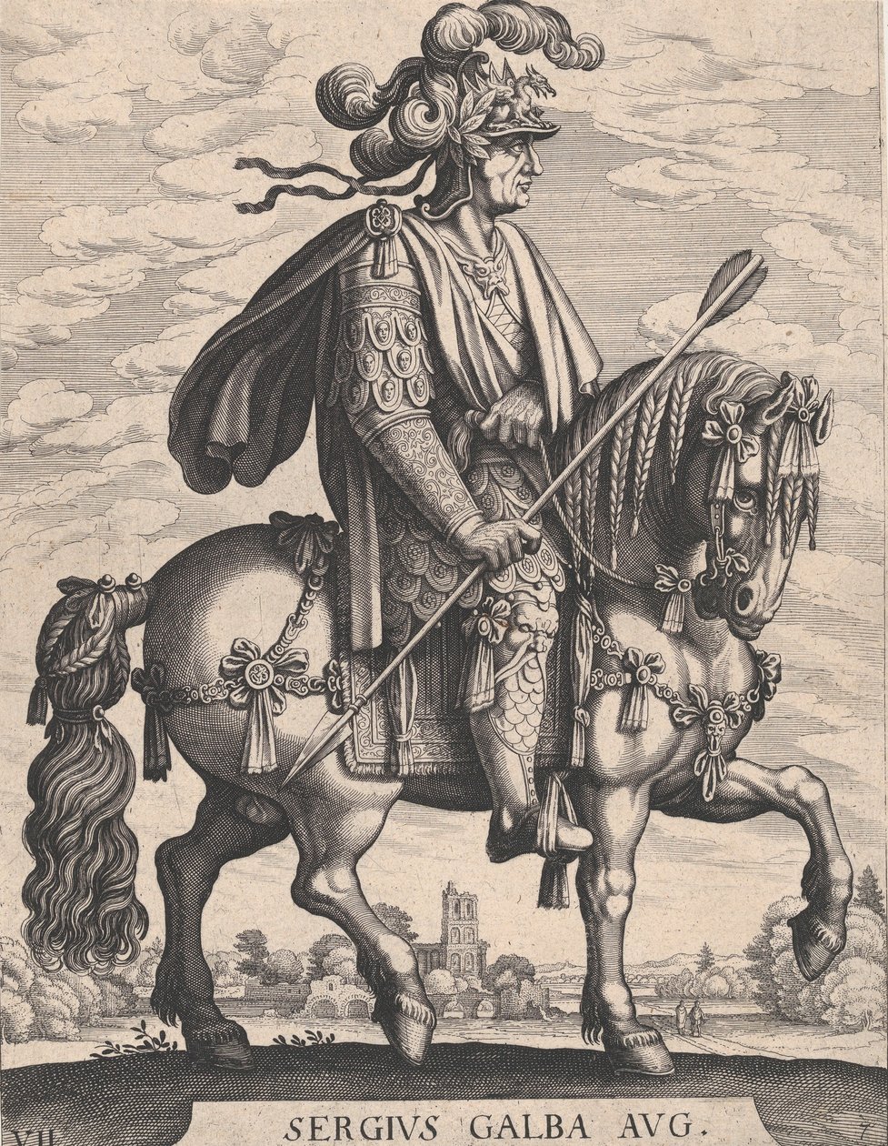 Levy 7: Keisari Galba hevosen selässä, teoksesta "Ensimmäiset kaksitoista roomalaista keisaria" Tempesin jälkeen..., 1610-50. tekijältä Matthaus Merian