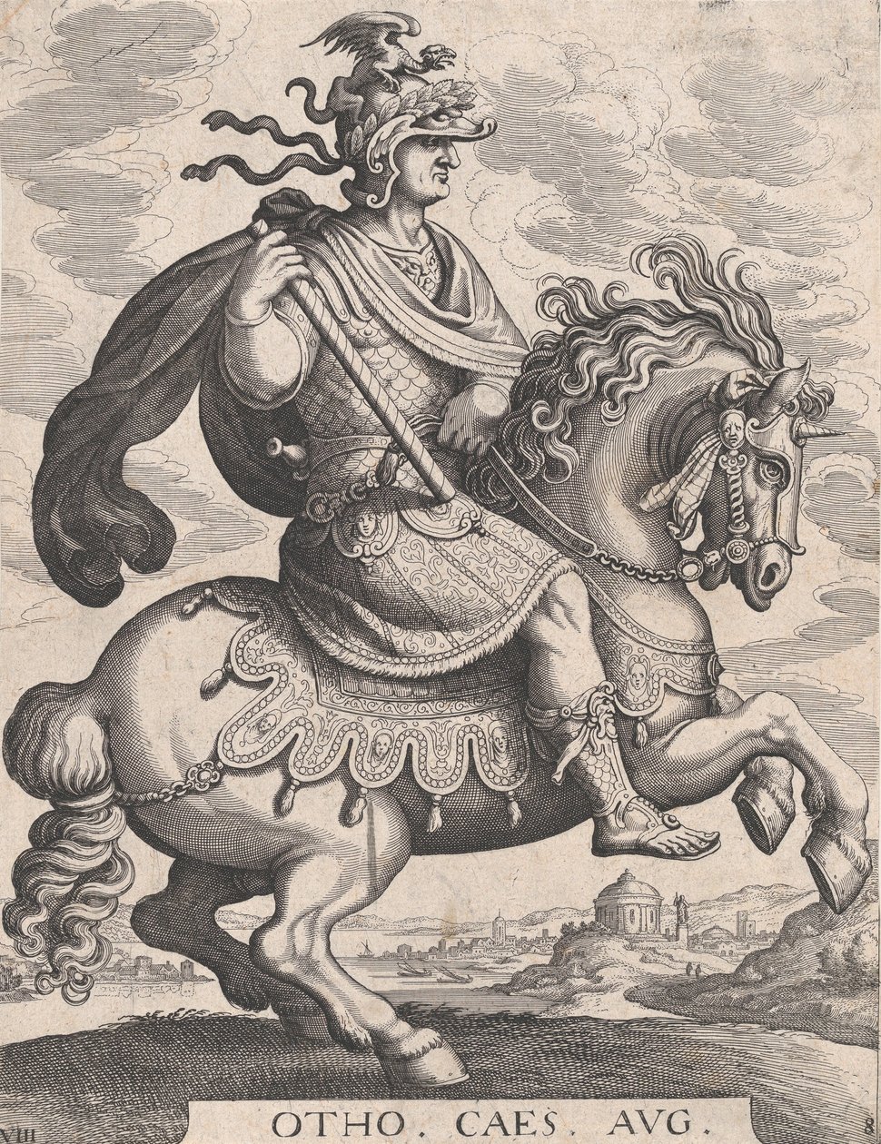 Levy 8: Keisari Otho hevosen selässä, teoksesta "Ensimmäiset kaksitoista roomalaista keisaria", Tempesin jälkeen..., 1610-50. tekijältä Matthaus Merian