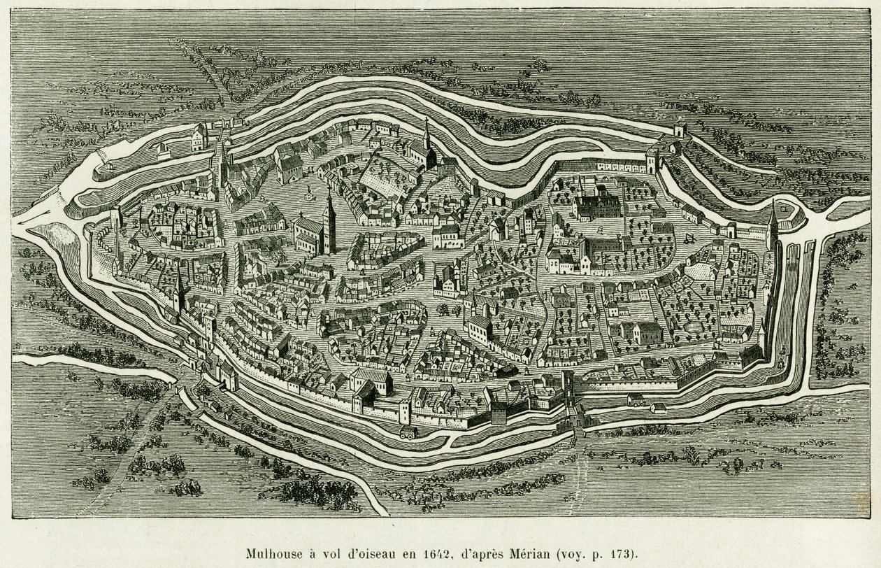 Mulhouse lentää vuonna 1642. Matthaus Merianin (1593-1650) kaiverrus havainnollistamaan tarinaa Alsacen ja Lorrainen kautta, Charles Grad, saksalainen deputer, vuonna 1885, tour du monde 1886, ohjaaja Edouard Charton (1807-1890) , Hachette, Pariisi. tekijältä Matthaus the Elder (after) Merian
