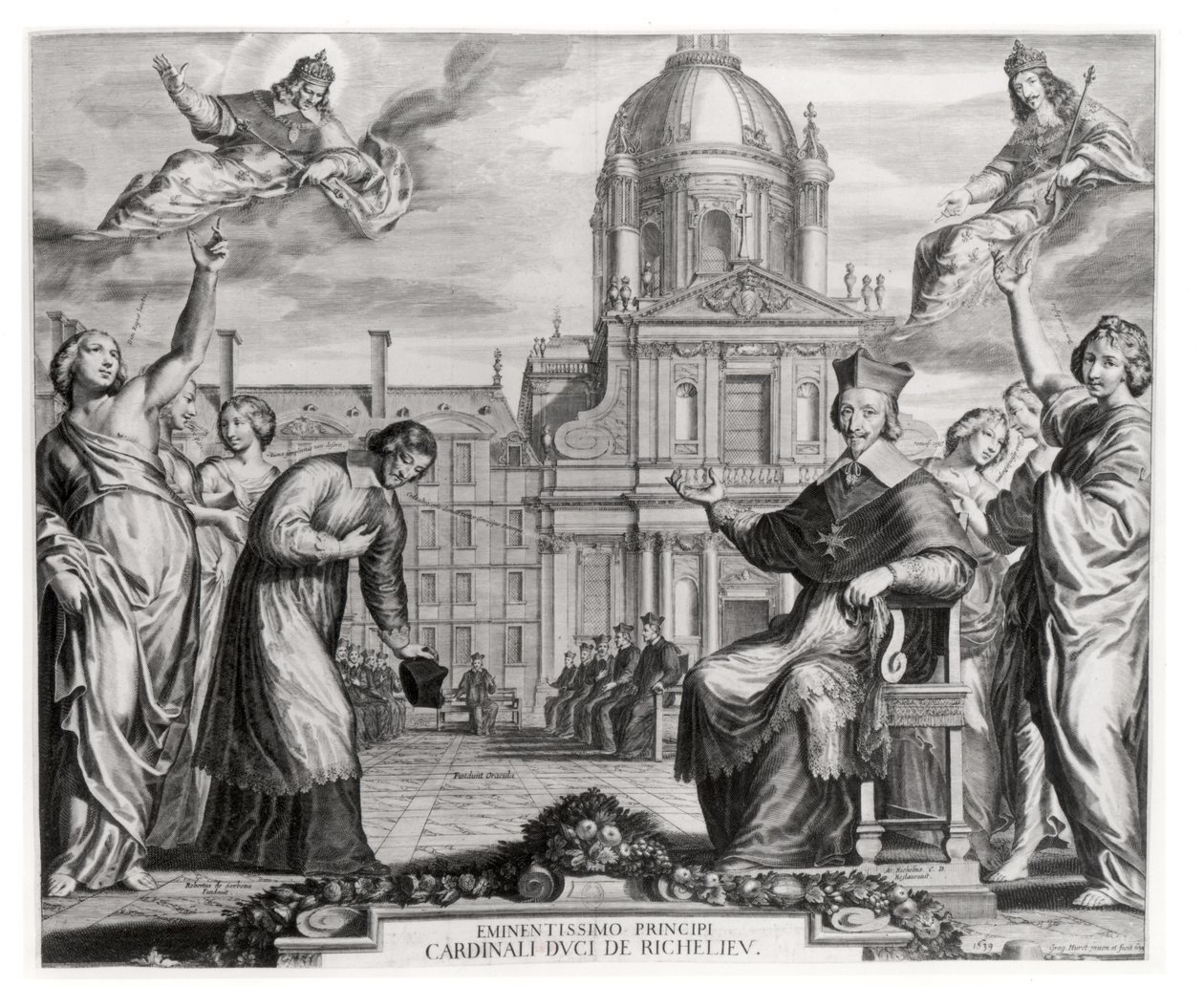 Robert de Sorbon (1201-94) ja kardinaali Richelieu (1575-1642) Sorbonnen edessä, kaiverrus Gregoire Huret (1606-70) 1639 tekijältä Matthaus the Elder Merian