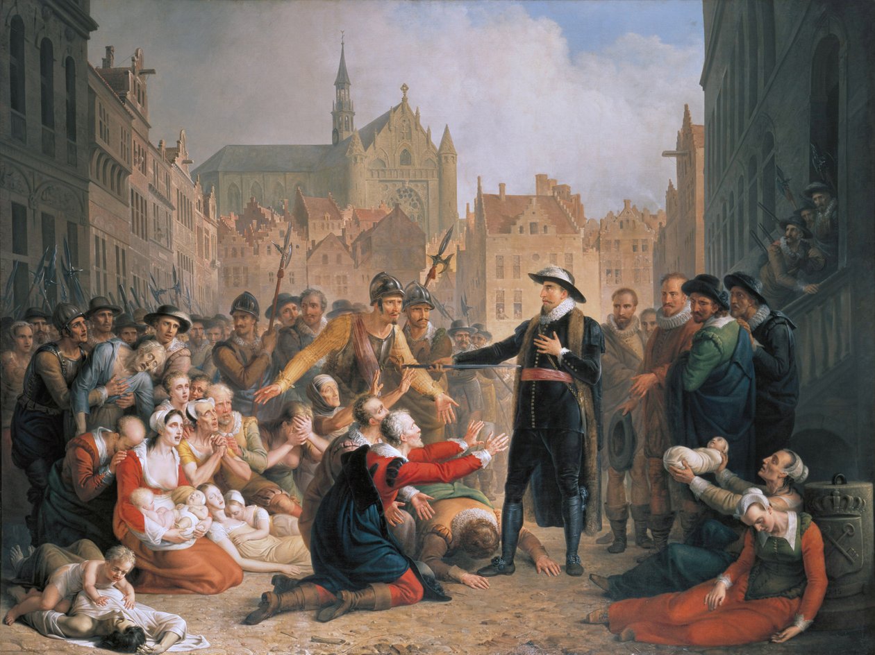 Burgomaster van der Werf tarjoaa miekkansa Leidenin asukkaille tekijältä Mattheus Ignatius van Bree