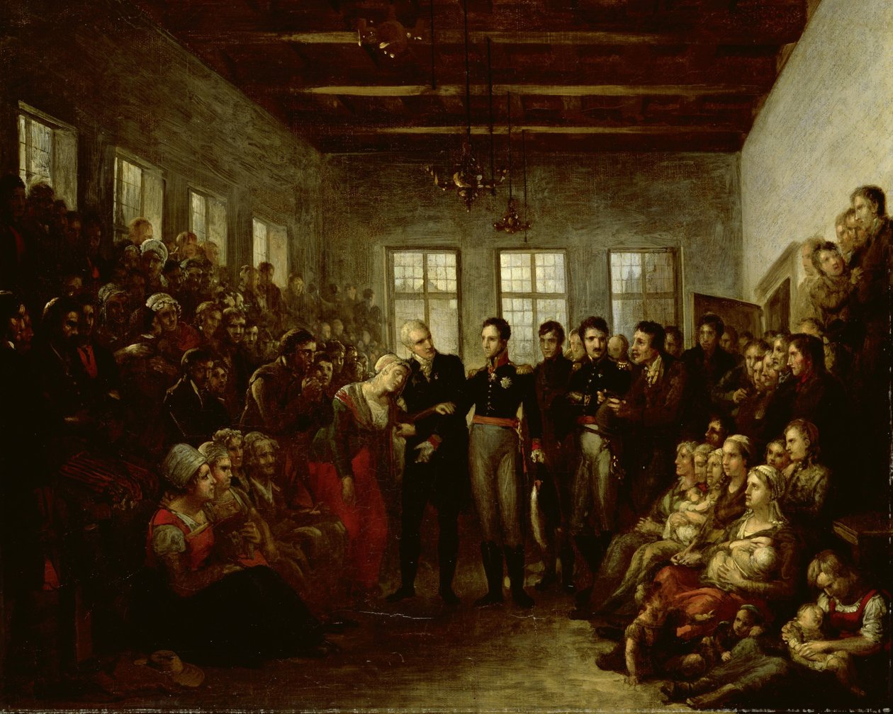 Orangen prinssi vierailee tulvauhrien luona Almonersin orpokodissa Amsterdamissa 14. helmikuuta 1825 tekijältä Mattheus Ignatius van Bree