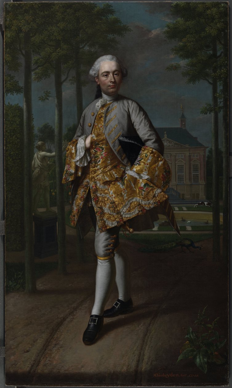 Gerard Cornelis van Riebeeckin muotokuva Gerard Cornelis van Riebeeck (1722-1759), Delftin sihteeri, oletettavasti seisomassa maalaistalonsa Essensteyn edessä Voorburgissa tekijältä Mattheus Verheyden