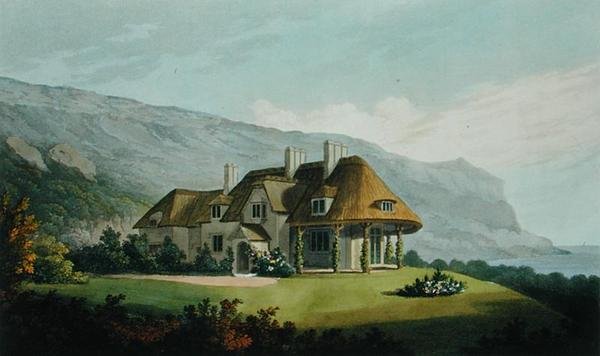 Olkikattoinen merenrantahuvila James Vine Esq.:lle Puckasterissa Isle of Wightissa, Villa Architecturesta: kokoelma näkymiä Englannissa ja Skotlannissa toteutetuista rakennuksista suunnitelmineen, Robert Lugar, pubi tekijältä Matthew Dubourg