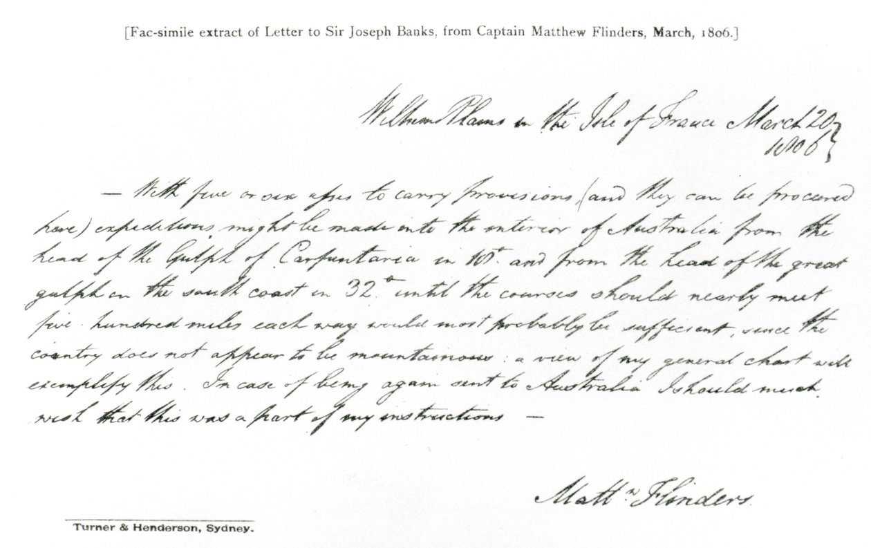 Faksikopio kapteeni Matthew Flindersin kirjeestä Sir Joseph Banksille, päivätty maaliskuussa 1806, julkaisusta The History of Australian Exploration 1788-1888, 1888 (faksi) (bw-kuva) tekijältä Matthew Flinders