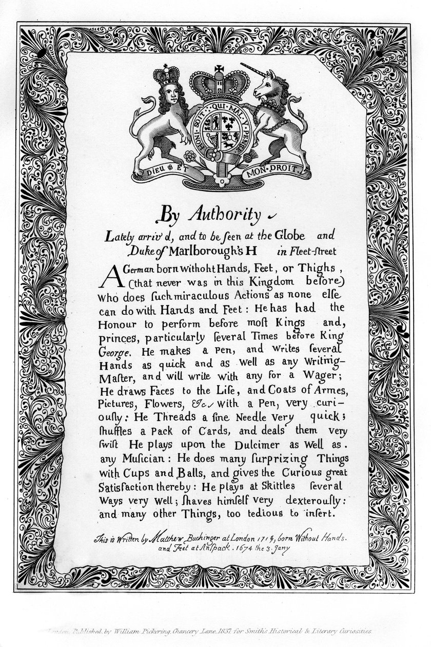 Nurnburgin kääpiön Matthew Buchingerin kalligrafinen näyttelykirje, 1717, 1840 tekijältä Matthew Buchinger