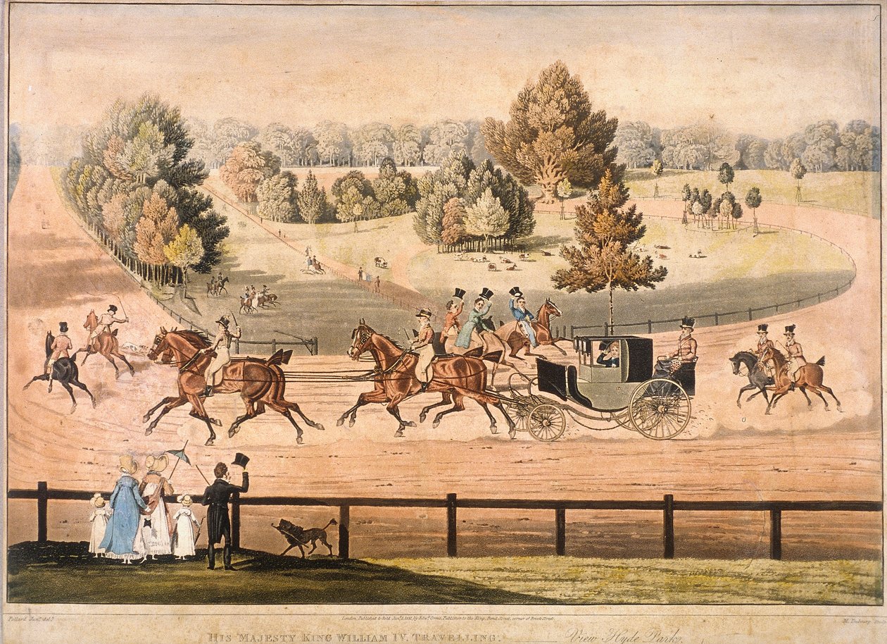 Kuningas George IV ratsastaa Lontoon Hyde Parkin läpi, 1831 tekijältä Matthew Dubourg