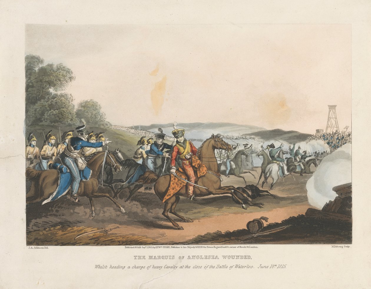 Angleseyn markiisi haavoittui johtaessaan raskaan ratsuväen hyökkäystä Waterloon taistelun päätteeksi 18. kesäkuuta 1815 tekijältä Matthew Dubourg