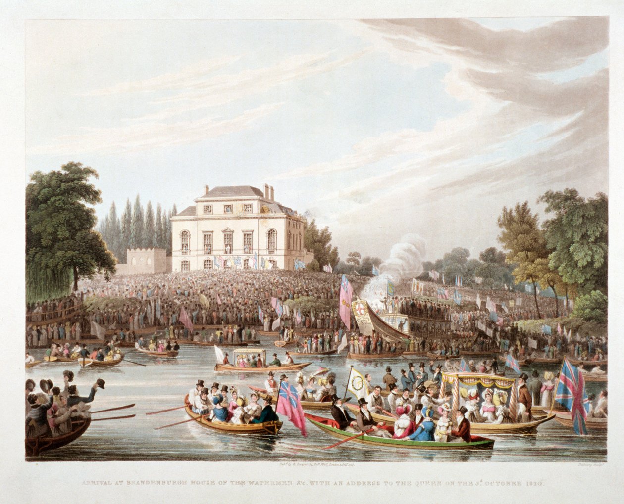 Näkymä Thames-joelle Brandenburgh Housessa, Hammersmith, Lontoo, 1821 tekijältä Matthew Dubourg
