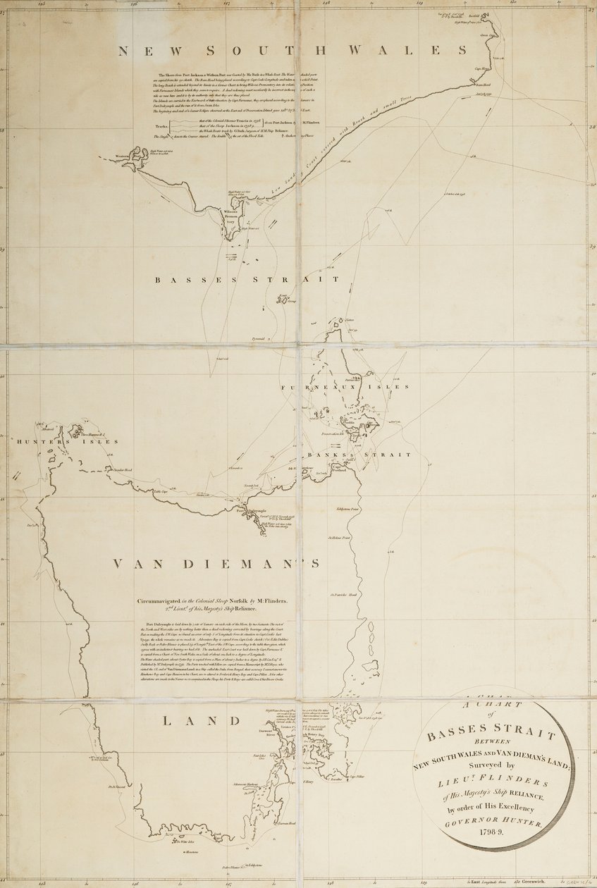 Uuden Etelä-Walesin ja Van Diemans Landin välisen Basses Straight -suoran kartta, jonka HMS "Reliance" -aluksen luutnantti Flinders on kartoittanut ... Kuvernööri Hunter tekijältä Matthew Flinders