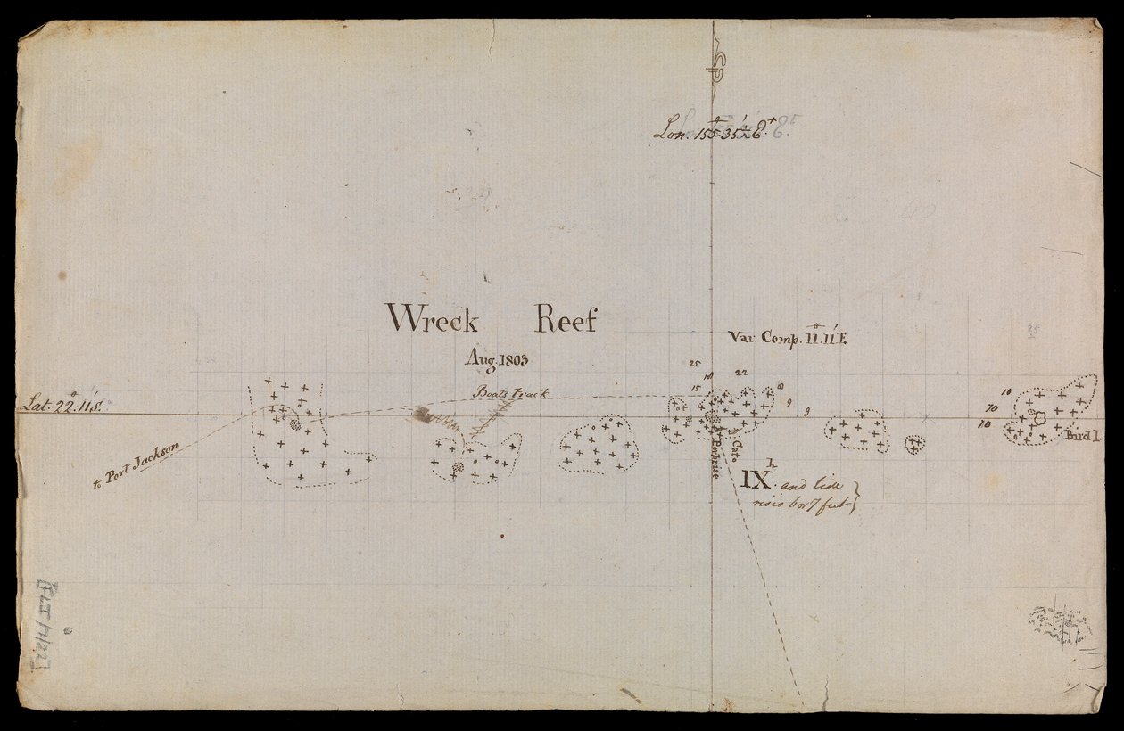 Karkeasti hahmoteltu kartta "Wreck Reef" -riutasta 1803, joka on peräisin amiraliteetin teknisten muistioiden ja kirjeenvaihdon kokoelmasta. tekijältä Matthew Flinders