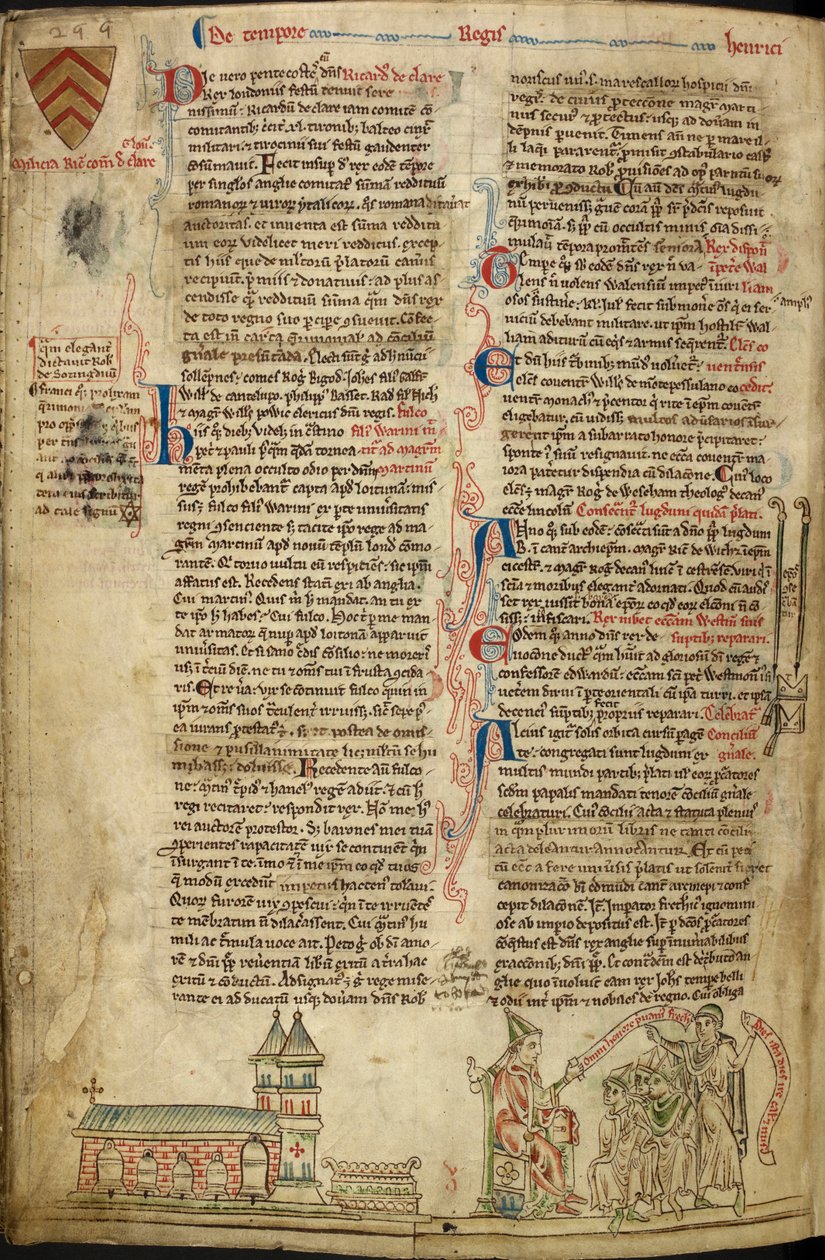 Royal 14C VII, f.138v Westminster Abbey ja St. Edwardin pyhäkkö; oikealla paavi Innocentius IV Lyonin kirkolliskokouksessa, kuva Historia Anglorumista tekijältä Matthew Paris