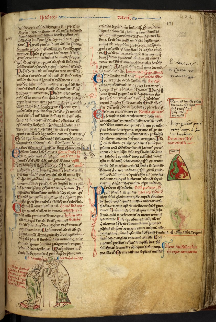 Royal 14 C. VII f.122r Roger Nigel, Lontoon piispa, vihkimässä Edmund of Abingtonin Canterburyn arkkipiispaksi; tekijältä Matthew Paris