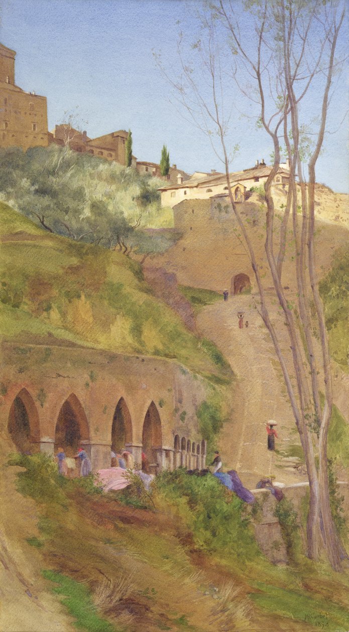 Pesulanainen pesukaivossa, San Gimignano, Italia tekijältä Matthew Ridley Corbet