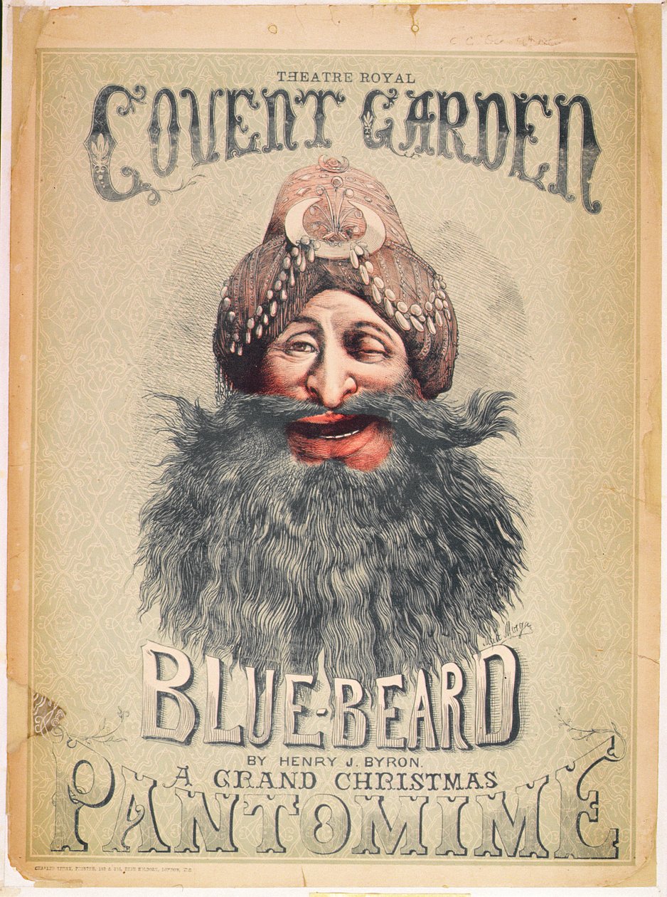 Henry J. Byronin tuottaman "Blue Beardin" joulupantomiimin juliste Theatre Royalissa, Covent Gardenissa, n. 1860 tekijältä Matthew Somerville Morgan