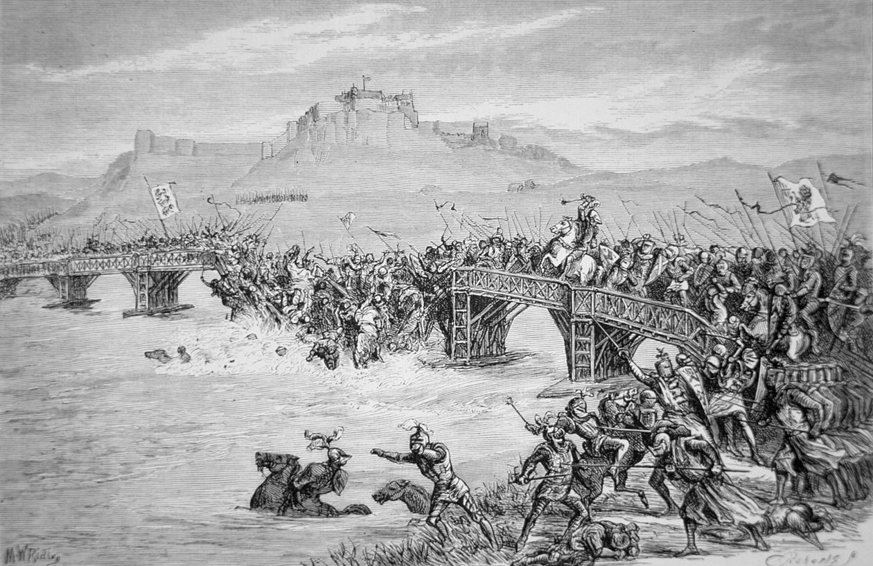 Muotokuva sillan romahtamisesta Stirling Bridgen taistelun aikana vuonna 1297, kaiverrettu Roberts (litho) Nainen ja lapsi tekijältä Matthew White (after) Ridley