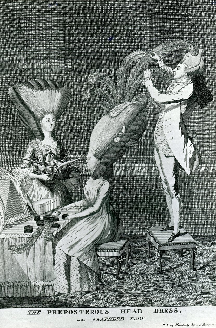 The Preposterous Head Dress, tai höyhenpeitteinen nainen, 1776. tekijältä Matthew or Matthias Darly