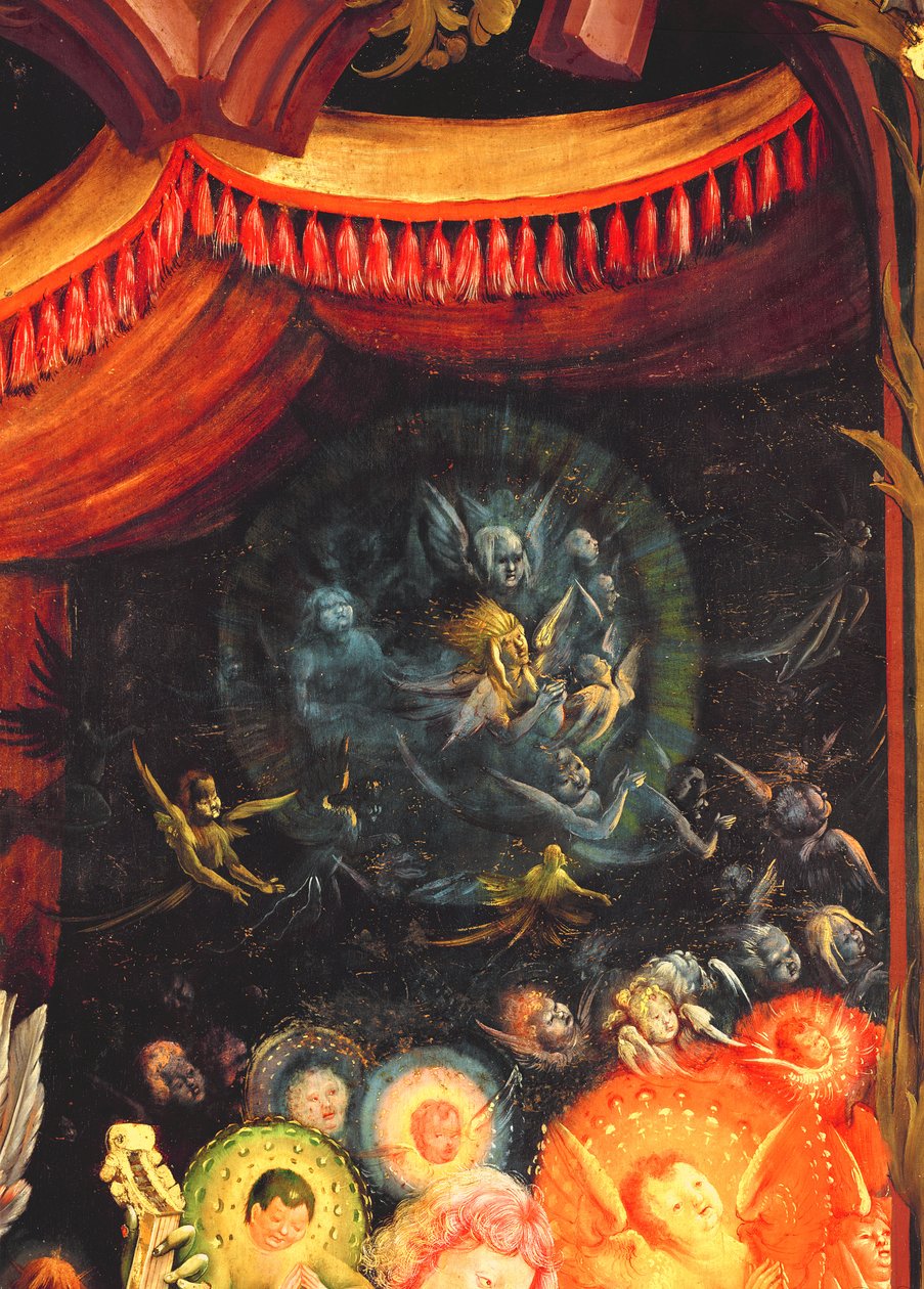 Enkelit kattojen alla, yksityiskohta Enkelikonsertti Isenheimin alttaritaulusta, n. 1512-16 tekijältä Matthias Grünewald