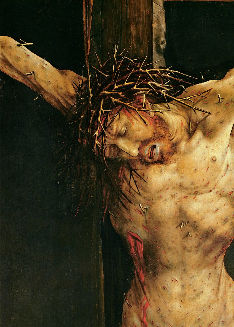 Kristus ristillä, yksityiskohta Isenheimin alttaritaulun ristiinnaulitsemisesta, n. 1512-1515 tekijältä Matthias Grünewald