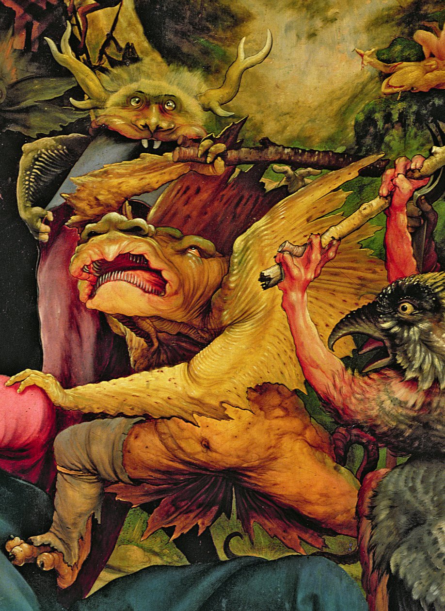 Kepeillä aseistautuneet demonit, yksityiskohta Isenheimin alttaritaulun kääntöpuolelta (ks. myös 17680). tekijältä Matthias Grünewald