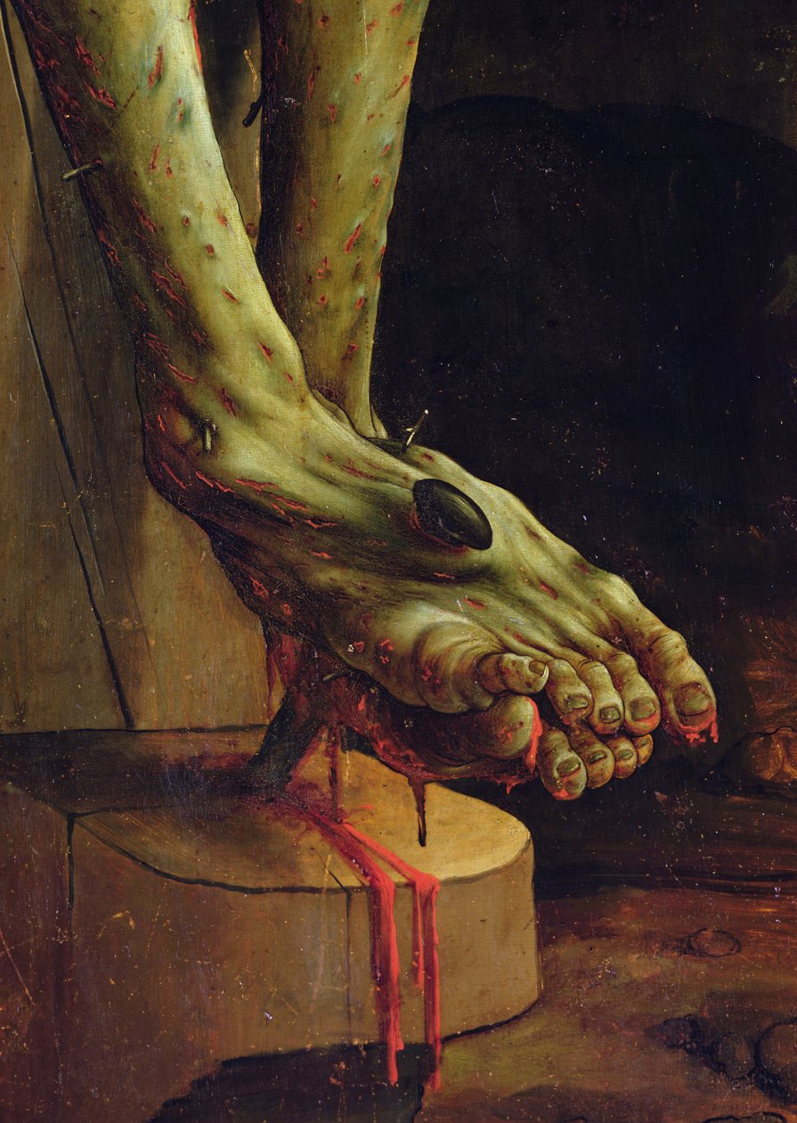 Yksityiskohta Kristuksen jalasta Isenheimin alttaritaulun ristiinnaulitsemisesta, sisäpaneeli, n. 1512-15, öljy paneelille tekijältä Matthias Grünewald