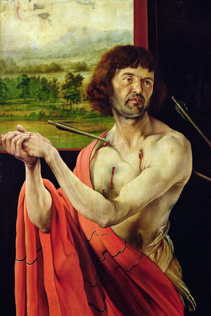 Yksityiskohta Saint Sebastienista ja maisemasta Isenheimin alttaritaulusta, sisäsiipi, n. 1512-16, öljy paneelille tekijältä Matthias Grünewald