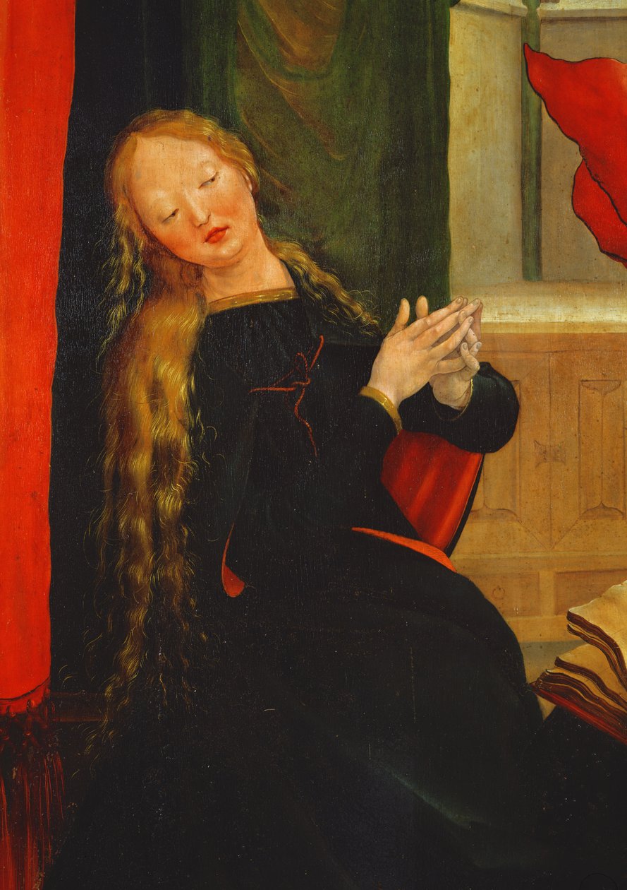 Yksityiskohta Neitsyt Marian ilmestyksestä Isenheimin alttaritaulusta. ulkosiipi, n. 1512-16, öljy paneelissa tekijältä Matthias Grünewald
