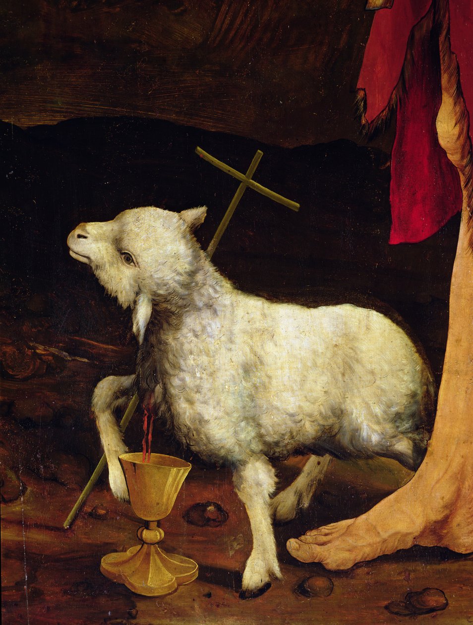 Yksityiskohta ristiinnaulitsemisesta Isenheimin alttaritaulun yksityiskohta karitsasta, n. 1512-16, öljy paneelille tekijältä Matthias Grünewald