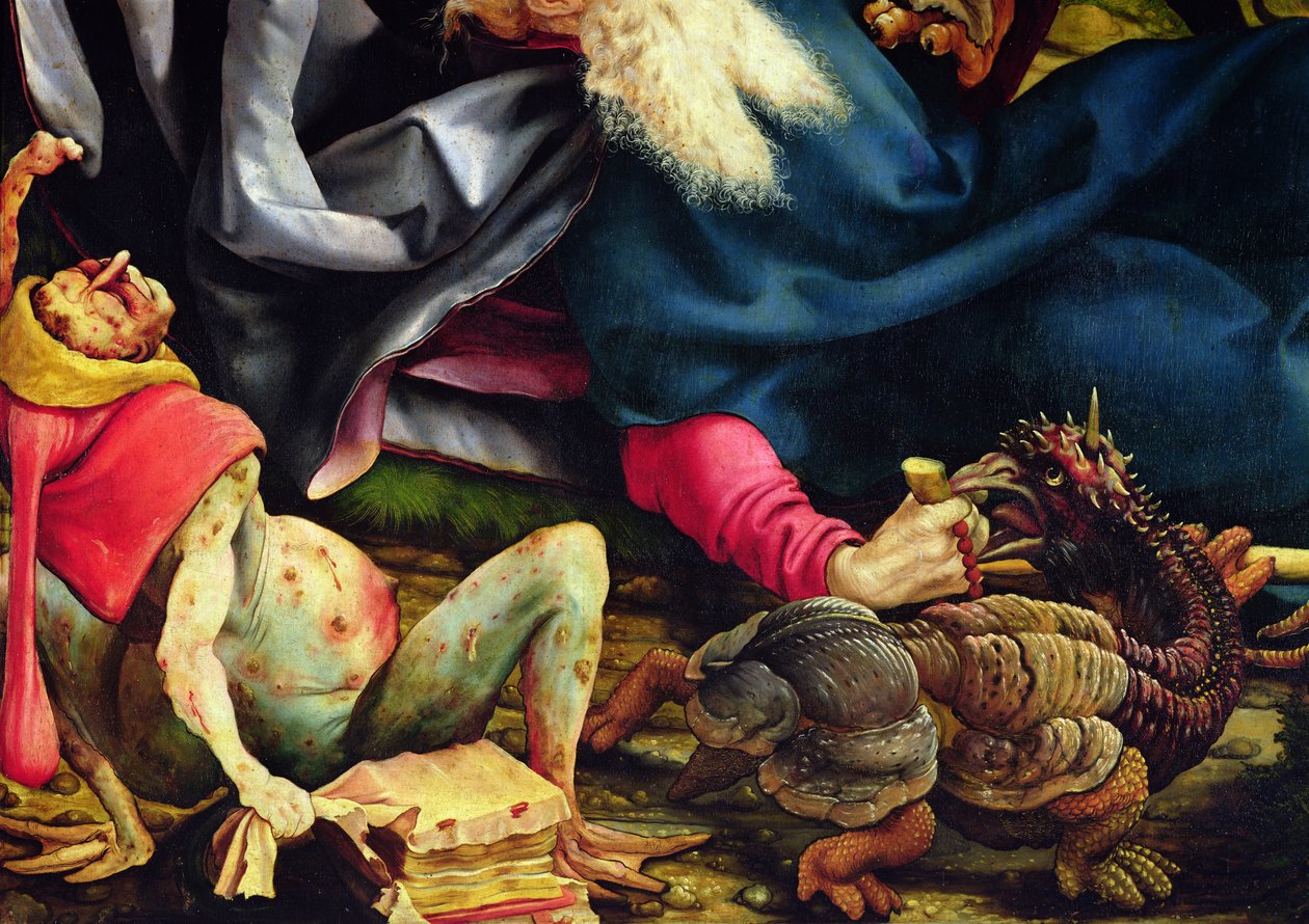 Yksityiskohta Pyhän Antoniuksen kiusauksesta Isenheimin alttaritaulusta, n. 1512-16 öljytaulu tekijältä Matthias Grünewald