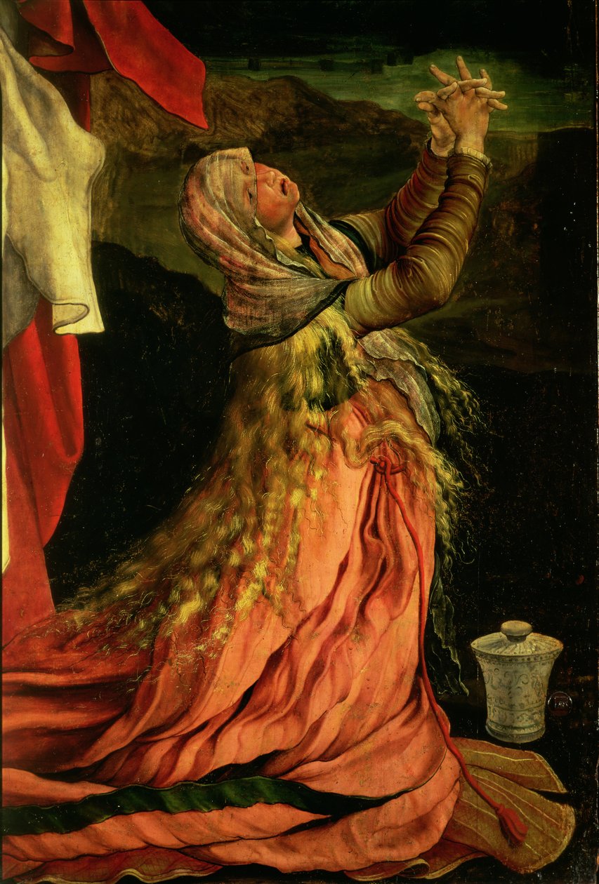 Maria Magdaleena, yksityiskohta ristiinnaulitsemisesta Isenheimin alttaritaulusta, n. 1512-16 tekijältä Matthias Grünewald