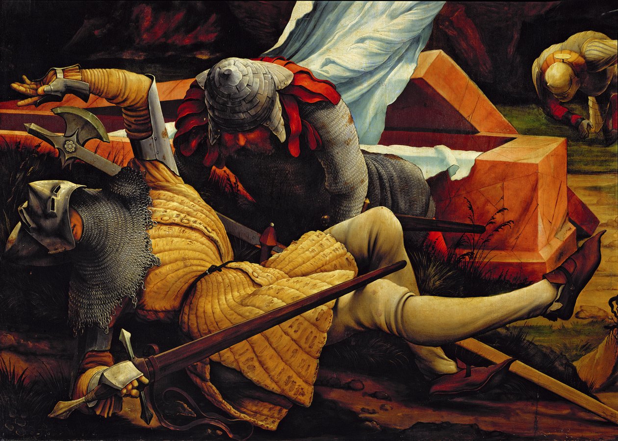 Sotilaat vartioivat Kristuksen hautaa ylösnousemuksessa, yksityiskohta Isenheimin alttaritaulusta, n. 1512-16 tekijältä Matthias Grünewald