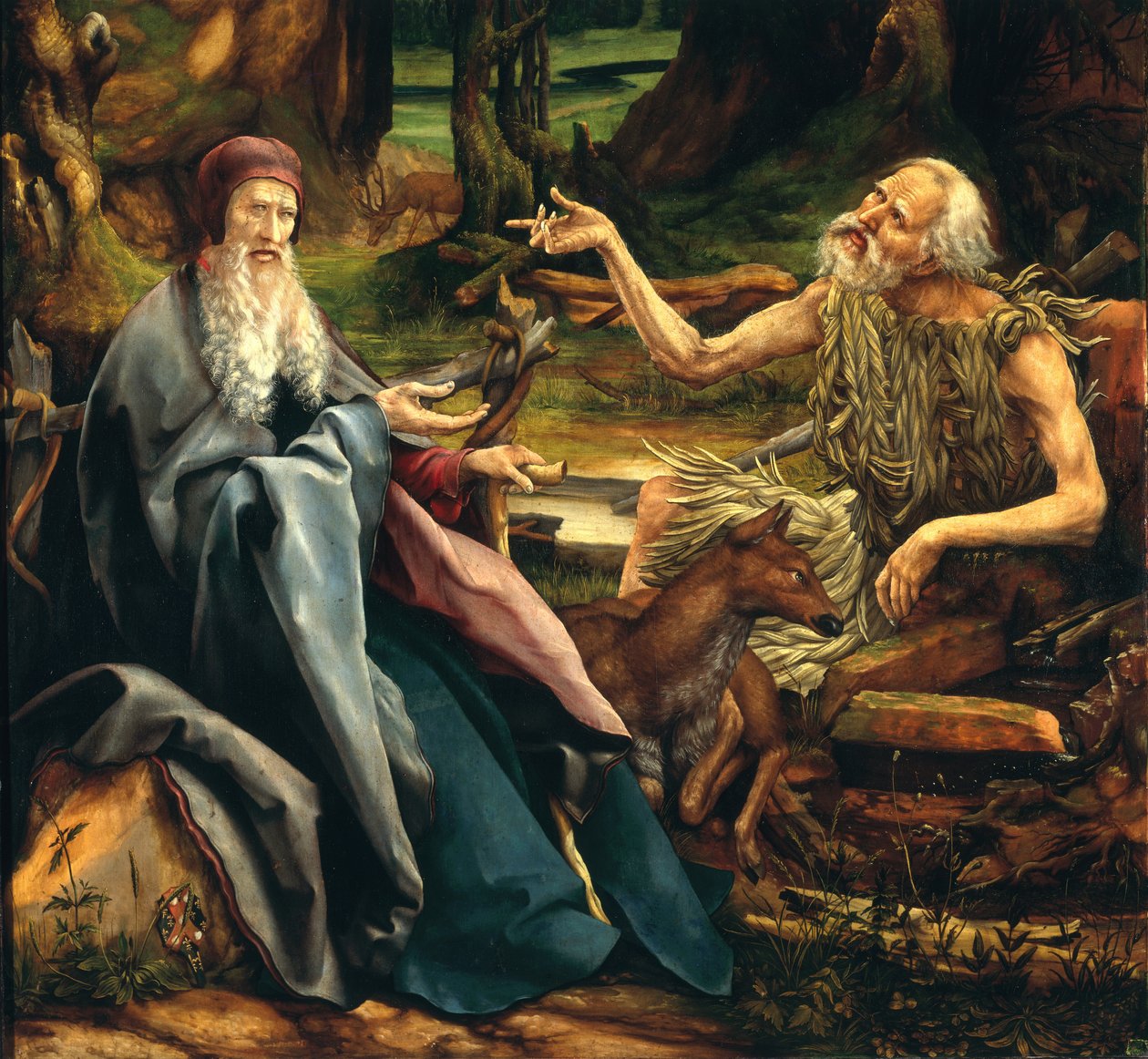 Pyhä Antonius ja Pyhä Paavali, yksityiskohta Isenheimin alttaritaulusta, 1512-15 tekijältä Matthias Grünewald