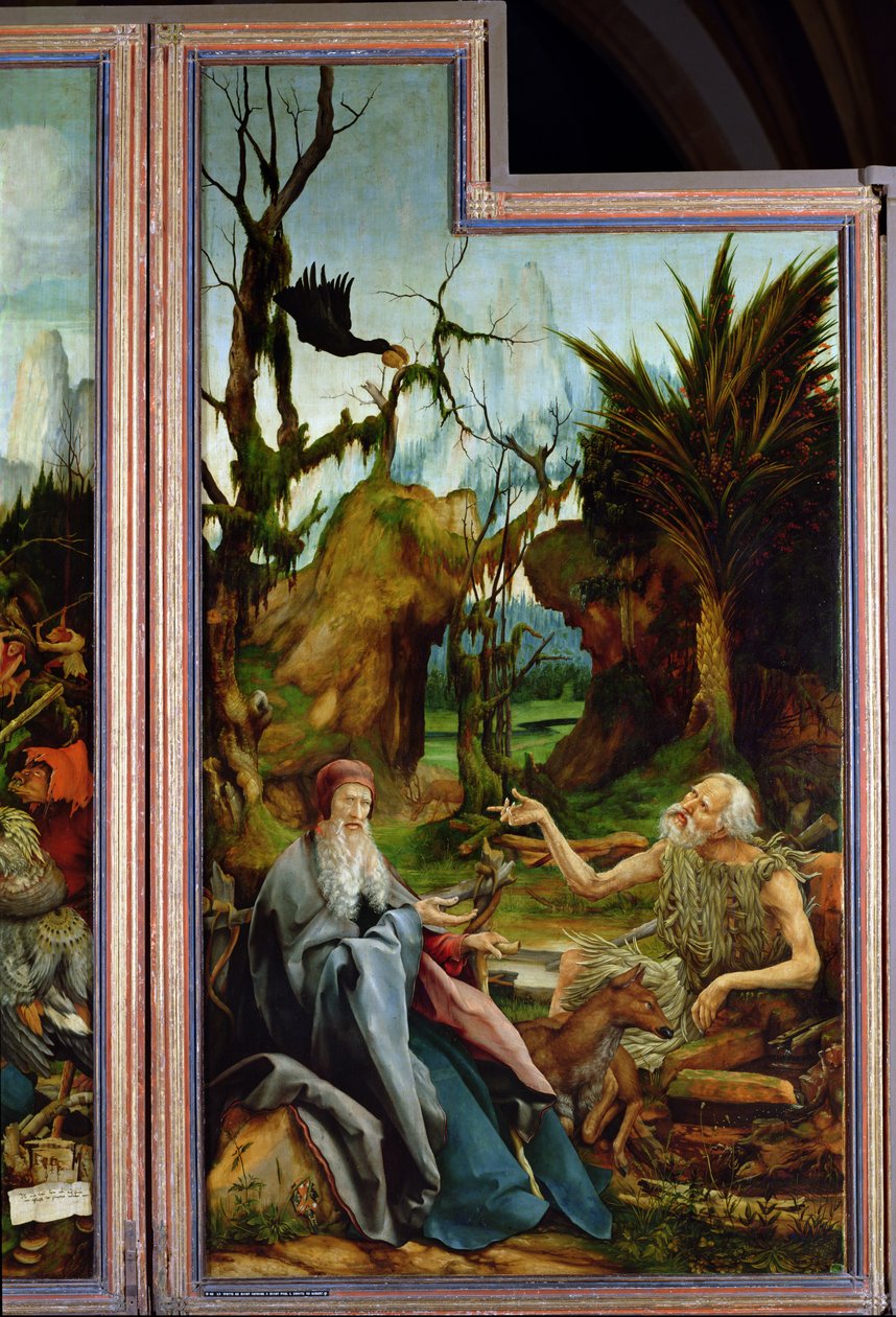 St. Anthony ja St. Paul, yksityiskohta Isenheimin alttaritaulusta, n. 1512-16 tekijältä Matthias Grünewald