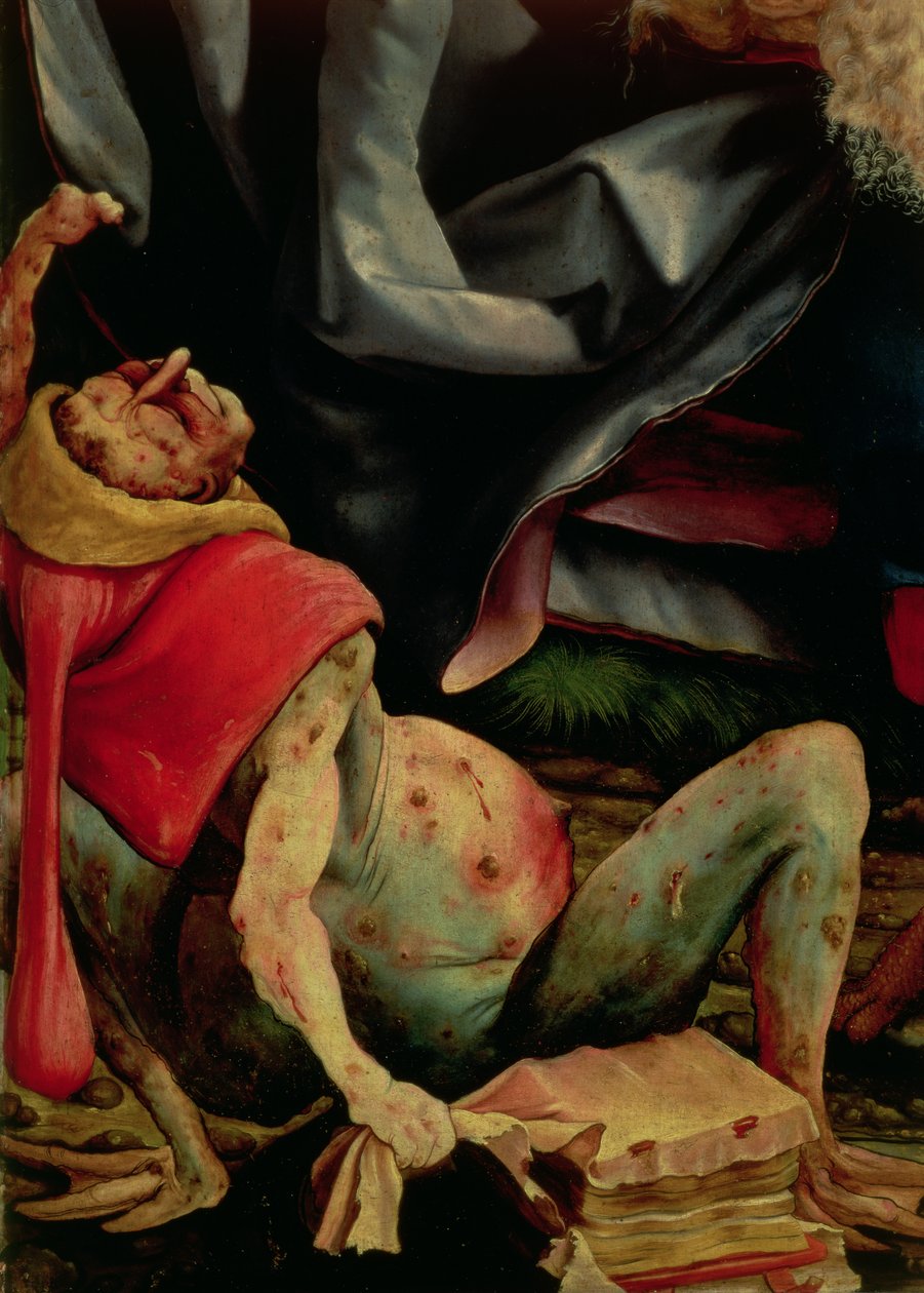 Kärsivä mies, yksityiskohta Isenheim-alttaritaulun kääntöpuolelta, n. 1510-1515 tekijältä Matthias Grünewald